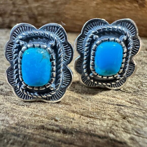 Turquoise Elegance: Sterling Silver Floral Stud Earrings, Ships in Gift Box - Picture 1 of 6